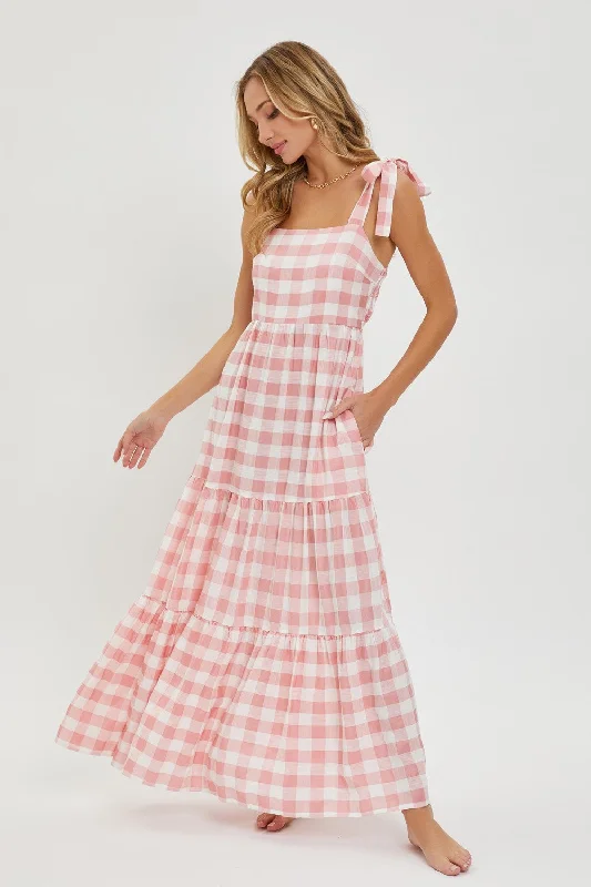 Women's Plus-Size Casual Outfit Pink Gingham Maxi Dress