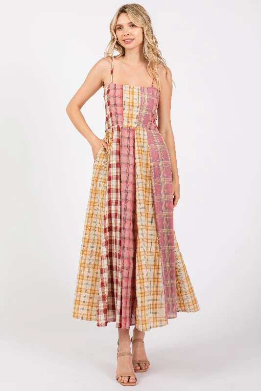 Women's Holiday Outfit Pink Mixed Plaid Maxi Dress