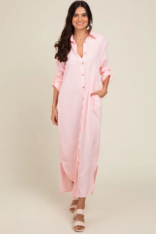 Women's Wedding Apparel Pink Striped Button Down Maxi Dress