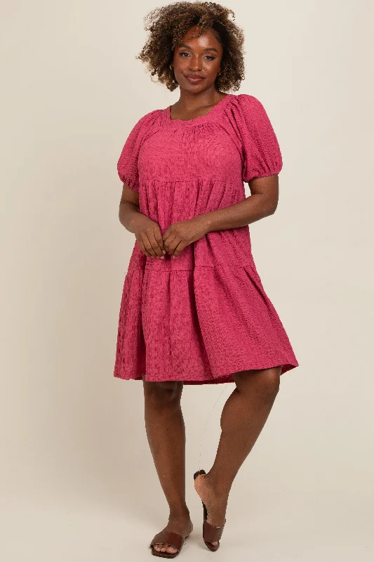 Women's Wardrobe Apparel Pink Textured Tiered Puff Sleeve Dress