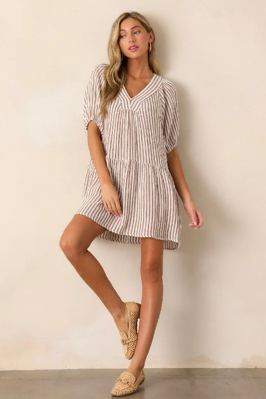 Premium Style Quick To Smile 100% Cotton Brown Stripe Mini Dress