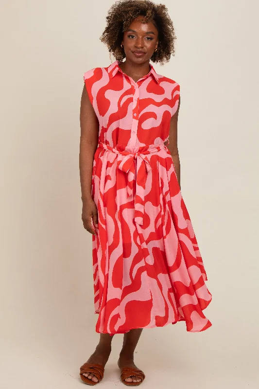 Stylish Savings Red Abstract Print Collared Belted Dress