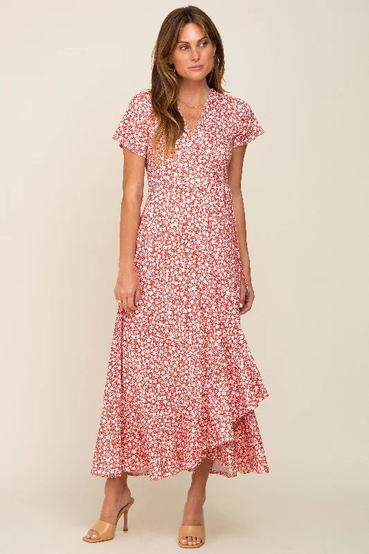 Flash Sales Today Red Floral Short Sleeve Wrap Maxi Dress