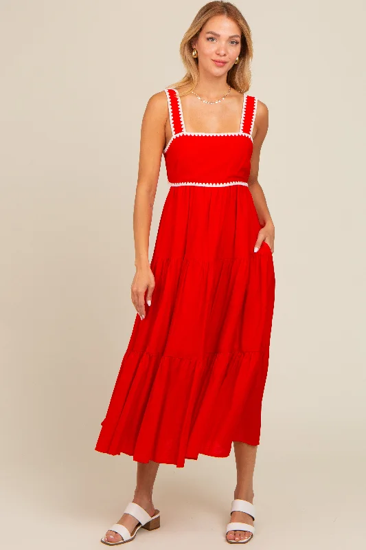 Women's Luxury Apparel Red Scallop Trim Tiered Midi Dress