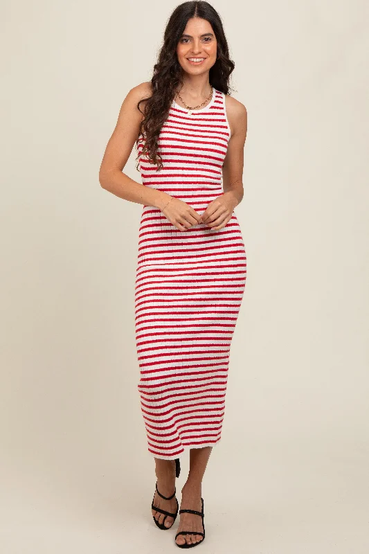 Holiday Gift Guide Sale Red Sleeveless Round Neck Striped Rib Sweater Midi Dress