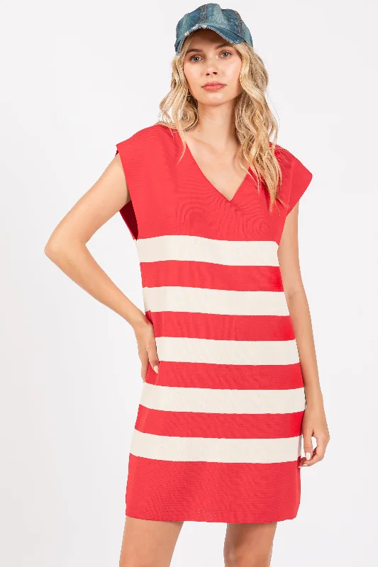 Women's Floral Print Outfit Red Striped Knit Sleeveless Dress