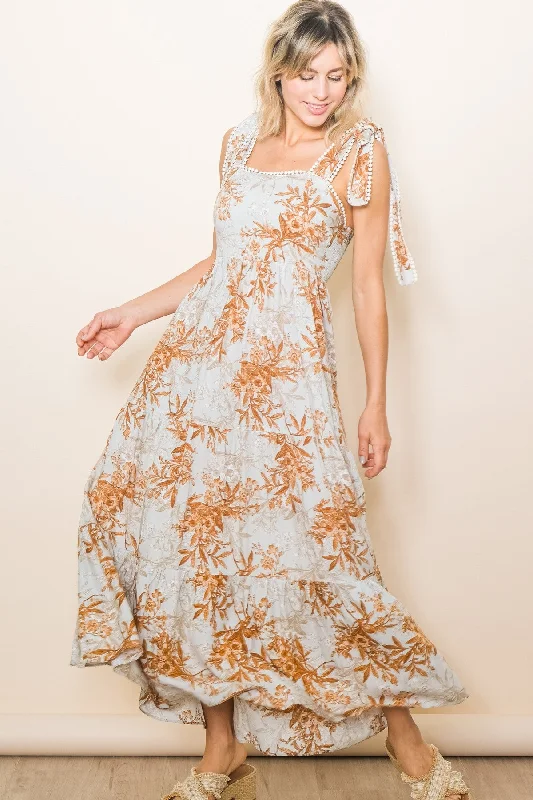 Street Style Fashion Rust Crochet Trim Floral Maxi Dress