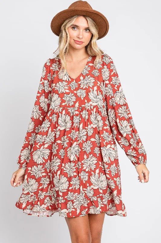 Holiday Gift Guide Sale Rust Floral V-Neck Long Sleeve Dress