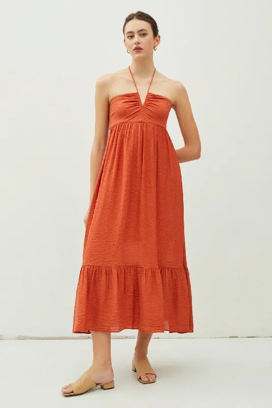 Chic And Comfortable Rust Halter Midi Dress