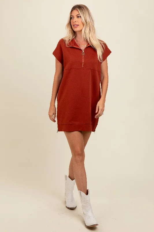 Women's Elegant Apparel Rust Knit Half Zip Mini Dress