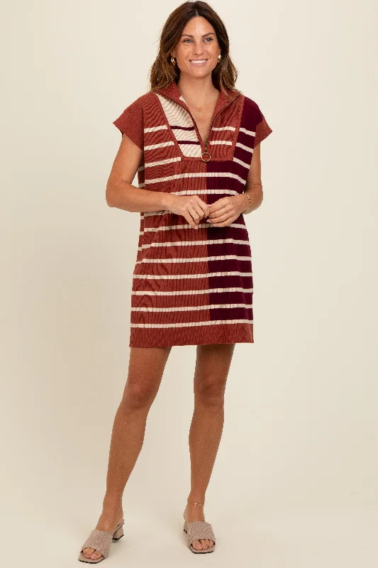 Luxury Fashion Rust Knit Striped Colorblock Collared Zip Up Mini Dress