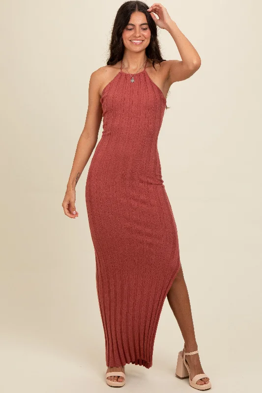 Outfits For Girls Rust Ribbed Knit Halter Neck Maxi Dress