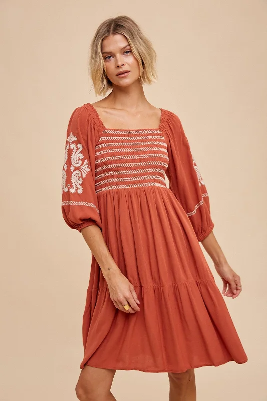 Exclusive Discount Rust Smocked Embroidered Damask Dress