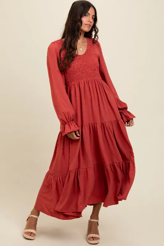 Clothing Brands Rust Smocked Tiered Long Sleeve Maxi Dress