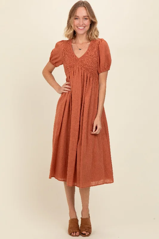 Women's Activewear Outfit Rust Smocked V-Neck Puff Sleeve Midi Dress