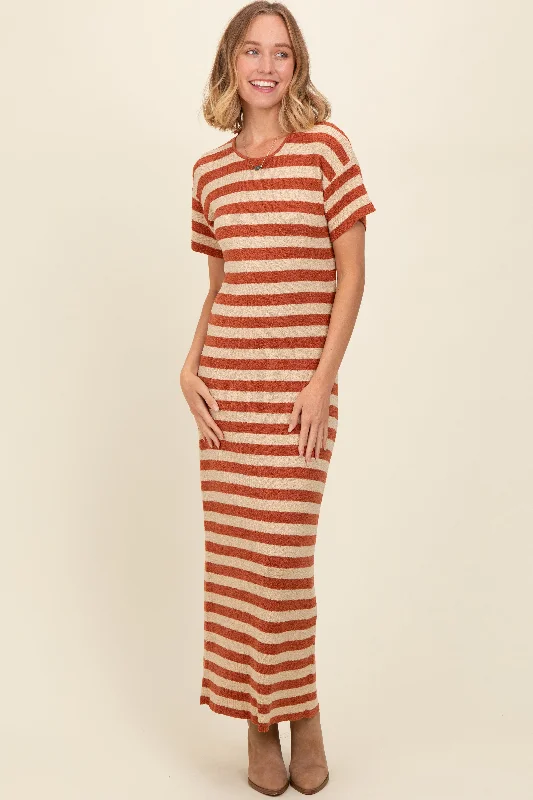 Classic Women's Fashion Rust Striped Knit Midi Dress