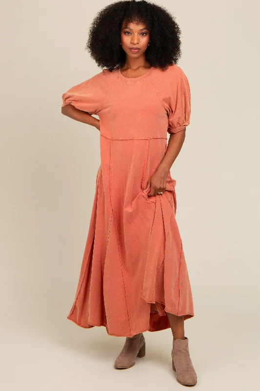 Workwear Fashion for Women Rust Vintage Wash Puff Sleeve Maxi Dress