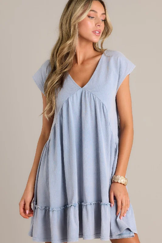 Eclectic Fashion Serene Splendor Dusty Blue Cap Sleeve Mini Dress