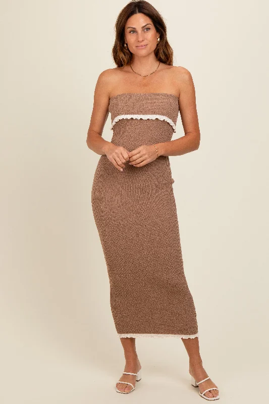 Affordable Fashion for Women Taupe Contrast Trim Strapless Knit Dress