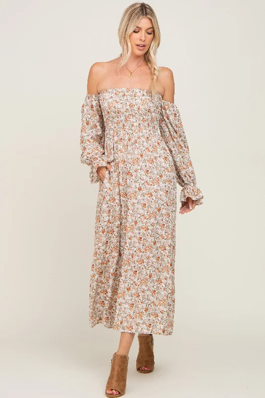 Women's Classic Attire Taupe Floral Off Shoulder Long Sleeve Maxi Dress