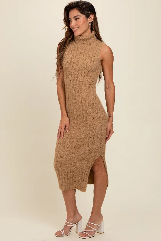 Clothing Sales Taupe Fuzzy Knit Sleeveless Turtle Neck Midi Dress