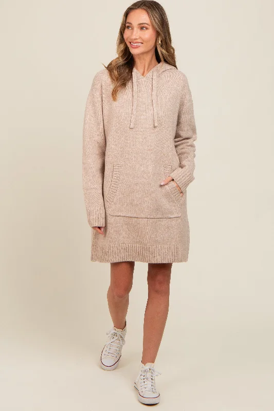 Women's Casual Outfit Taupe Hooded Front Pocket Sweater Dress