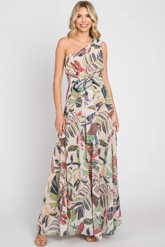 Women's Clothing for Every Occasion Taupe Leaf Print Chiffon One Shoulder A-Line Waist Tie Maxi Dress