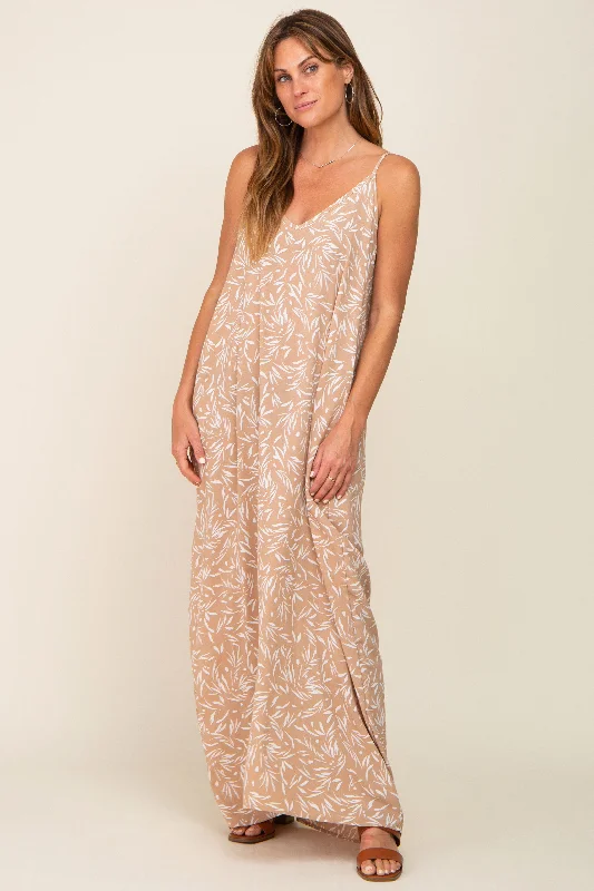 Sale On Sale Taupe Leaf Print Double V-Neck Maxi Dress