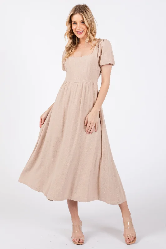 Women's Outdoor Attire Taupe Puff Sleeve Linen Midi Dress