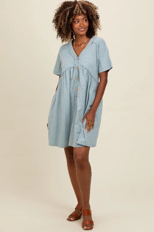 Wardrobe Upgrade Teal Button Accent Cut Hem Detail Dress