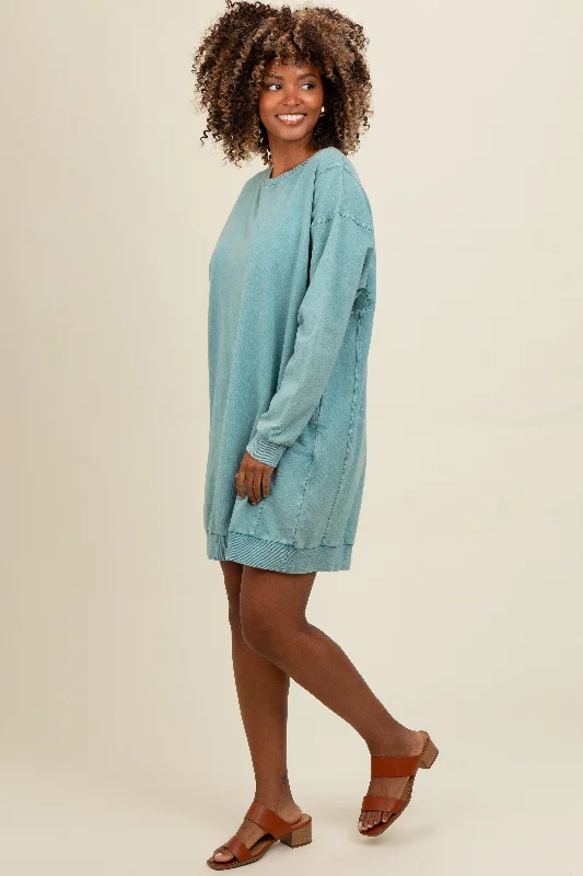 Trendy Outfits For Ladies Teal Mineral Wash Sweatshirt Dress