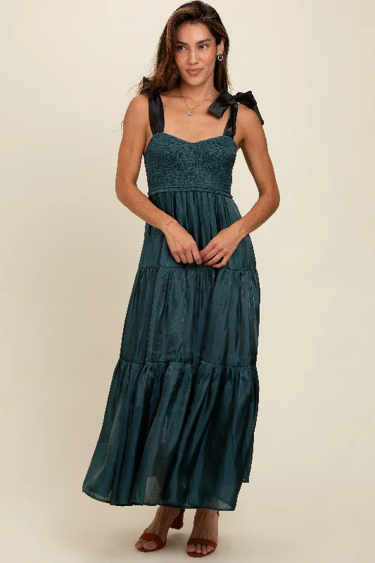 Clothing Store Teal Tiered Satin Tie-Strap Maxi Dress