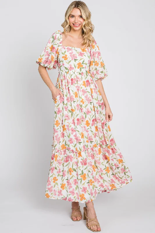 Modern Women's Outfit White Floral Puff Sleeve Maxi Dress