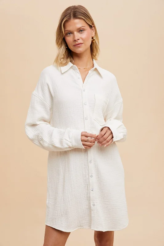 Women's Clothes for All-Day Comfort and Style White Rolled Cuff Button Down Dress