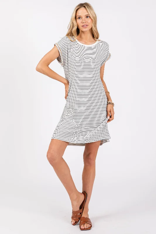 Comfortable Casual Wear White Striped Maternity Side Slit T-Shirt Dress