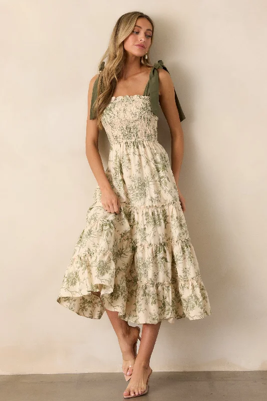 Women's Chic Apparel Wildflower Whisper 100% Cotton Ivory Green Floral Midi Dress