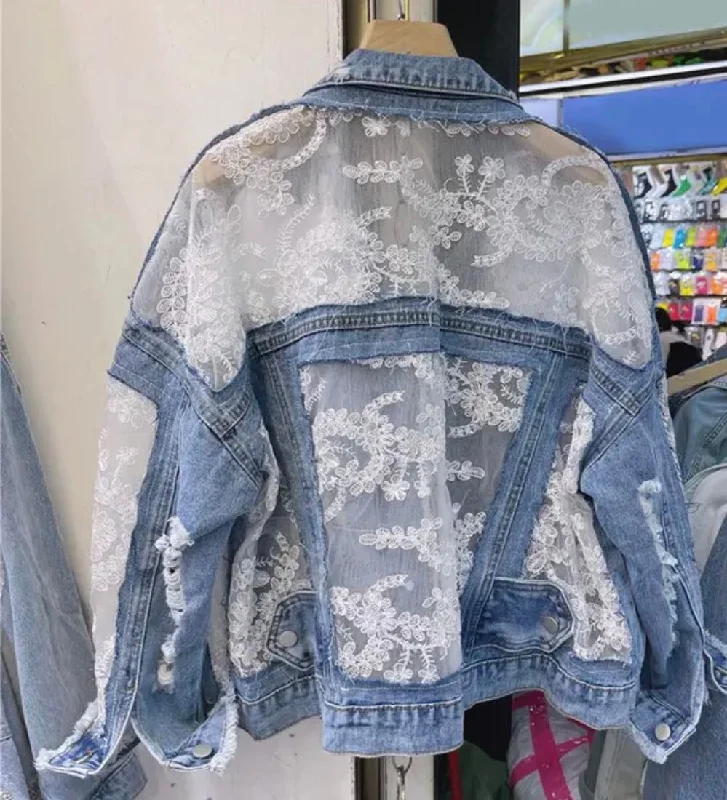 Elegant Women's Attire Art to Wear Lace Jean Jacket