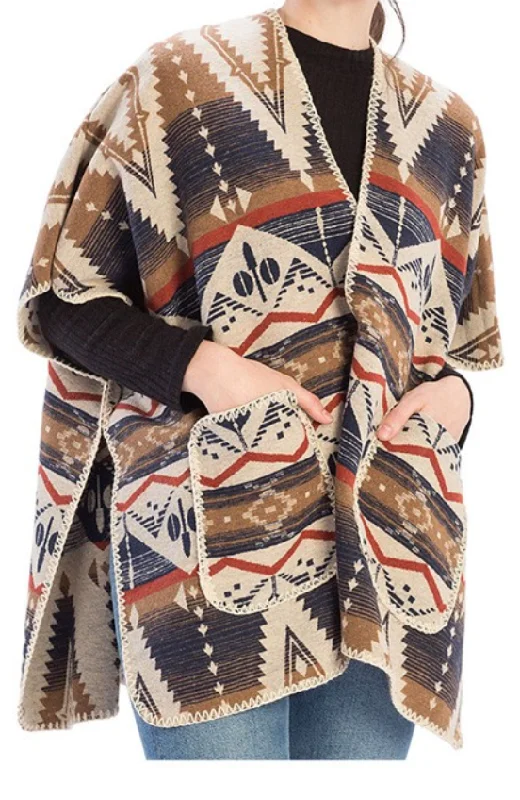 Online Boutiques Affordable Aztec Shawl Cape With Pockets - One Size