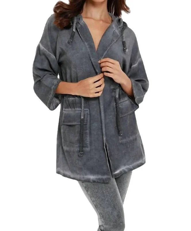 Glamorous Evening Wear Jennifer Hooded Long Trench Coat In Charcoal