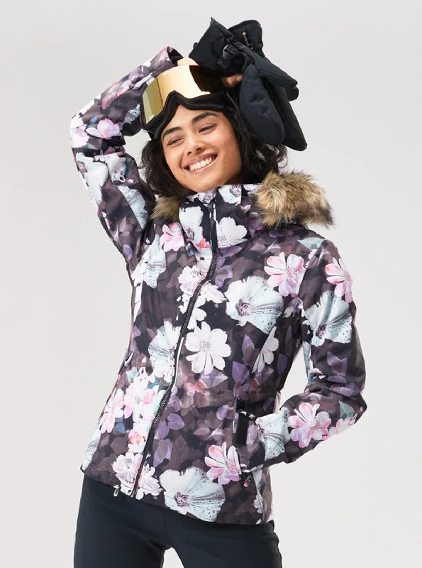 Sophisticated Women's Fashion Jet Ski Technical Snow Jacket - True Black Blurry Flower