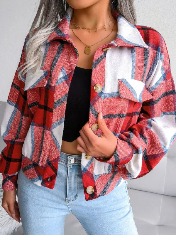 Shop Ladies Clothes Plaid Collared Neck Drop Shoulder Jacket