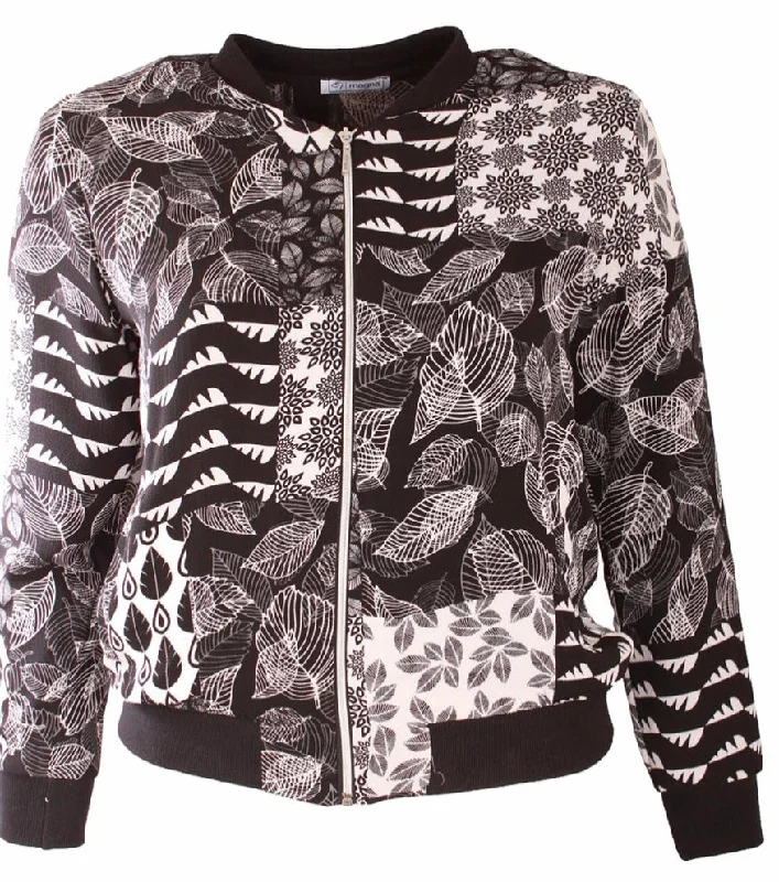 Women's Plus-Size Apparel White & Black Leaf Bomber Jacket