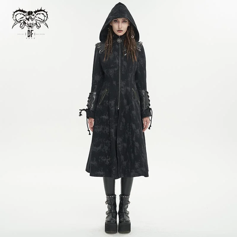 Stylish Savings Women's Gothic Faux Leather Splice Distressed Coat with Hood