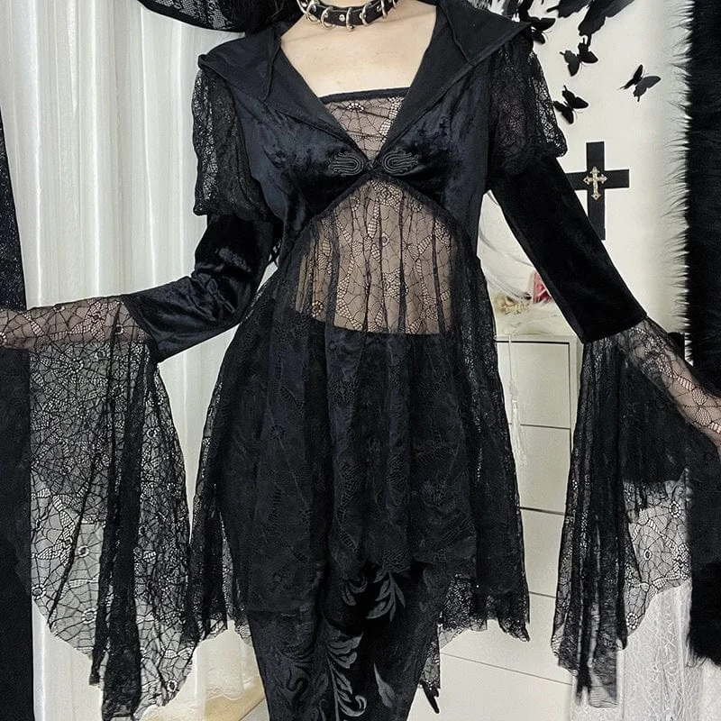 Boutique Dress Online Women's Gothic Flare Sleeved Lace Coat with Hood