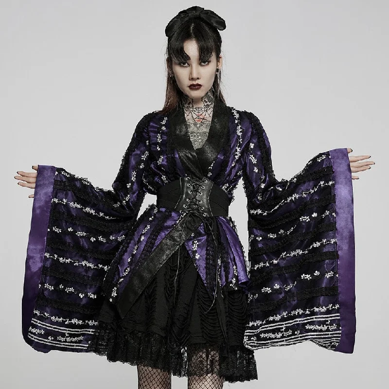 Comfortable Loungewear for Women Women's Gothic Floral Lace Kimono Coat Purple With Belt