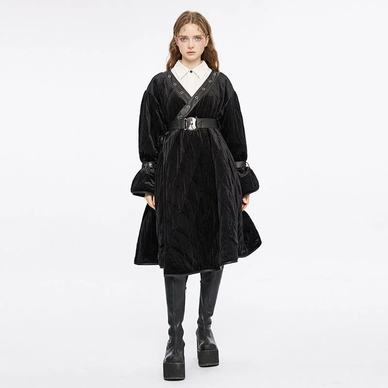 Sophisticated Fashion Women's Gothic Plunging Coat with Detachable Hood&Belt