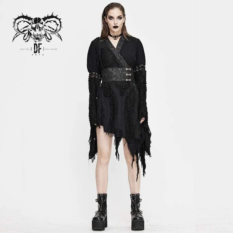 Vibrant Femme Fashion Women's Gothic Ripped kimonos With Chinese Button Belt