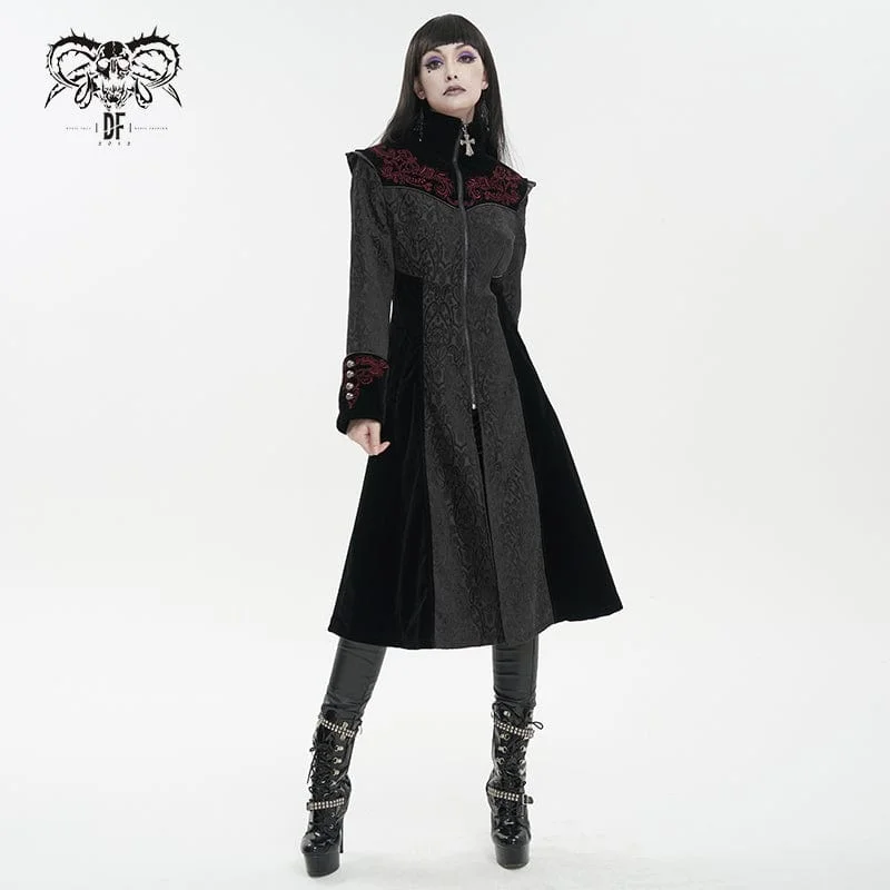 Casual Clothes For Women Women's Gothic Stand Collar Floral Embroidered Coat Black