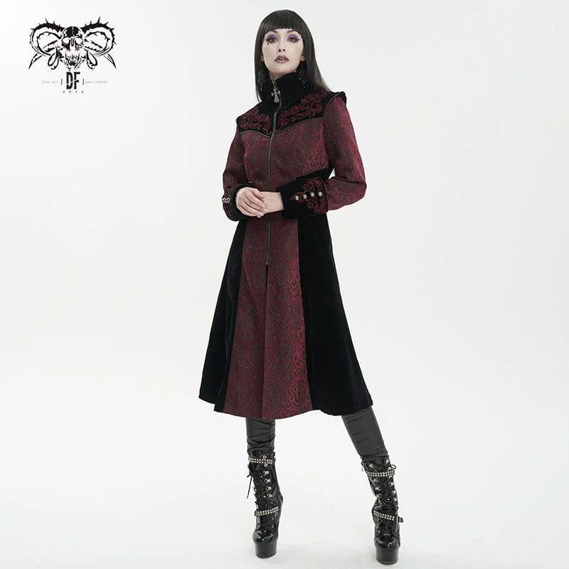 Fashionable Women's Casual Apparel Women's Gothic Stand Collar Floral Embroidered Coat Red