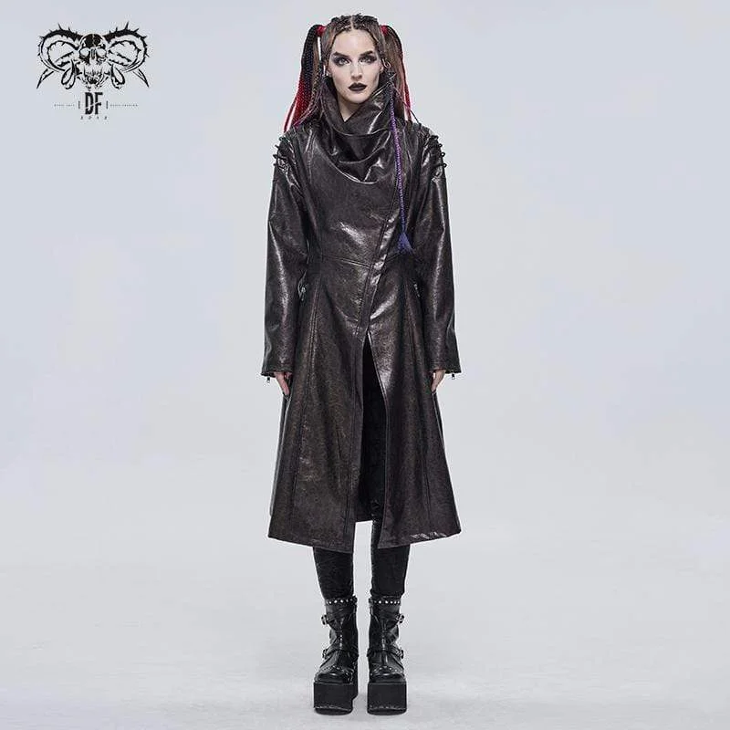 Women's Seasonal Apparel Women's Gothic Stand Collar Zipper Faux Leather Long Coat Dark Gold